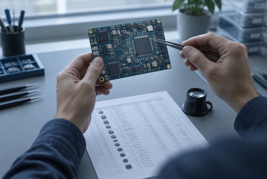 An engineer holding a bare circuit board up to the light, tweezers pointing at one component, with a bill of materials on the bench