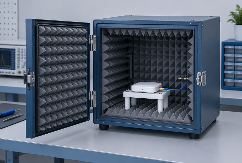 A benchtop RF shielded test enclosure with its door open, absorber-lined, with a small wireless device on the fixture inside